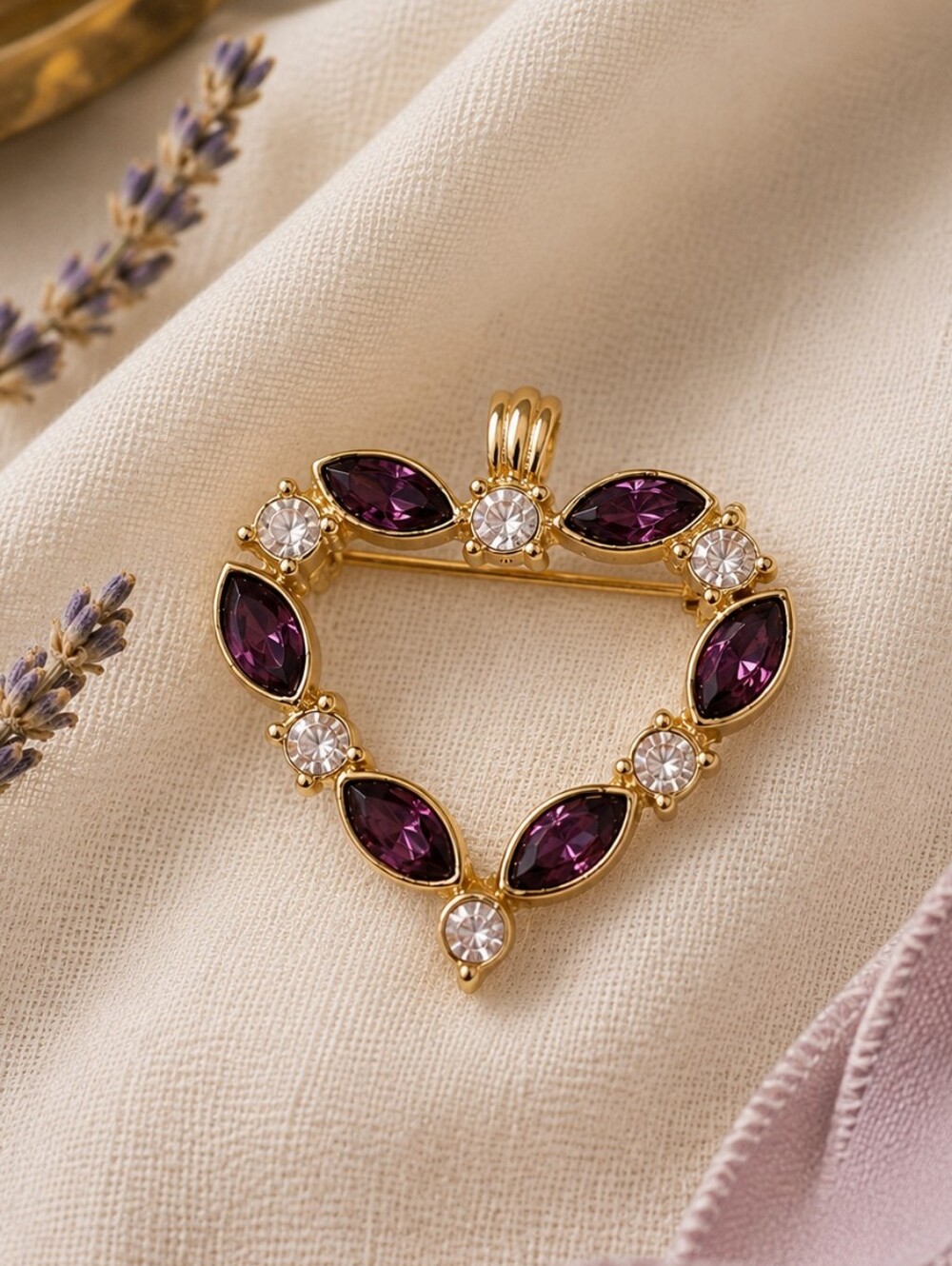 Vintage Heart Brooch Pendant Purple Rhinestone Gold Tone Convertible Pin